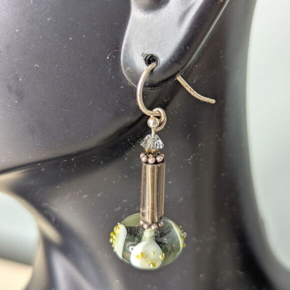 Elegant Grey and Green Glass Bead Handcrafted Dangle Earrings - Picture 6 of 8